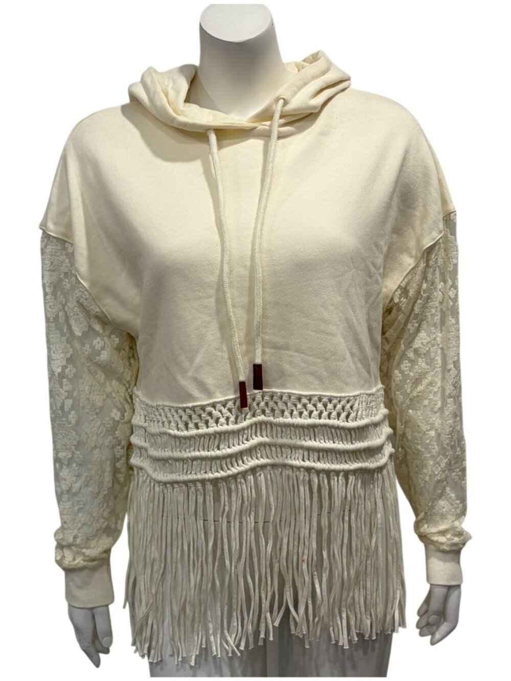 Desigual Tassel & Lace Hoodie Sweatshirt Womens Size S Ivory Long Sleeve